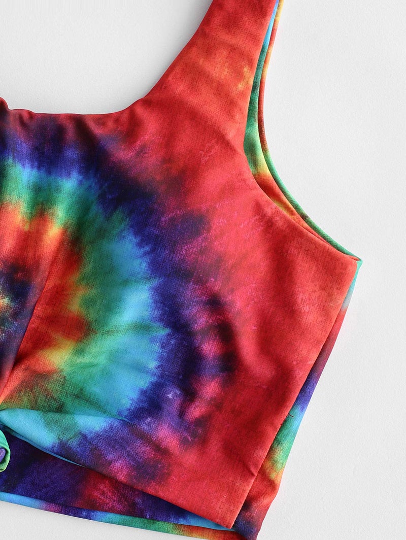 ZAFUL Women's Knot Scoop Neck Bikini Set Ruched High Waisted Two Piece Swimsuits Tankini, Tie Dye, M - Image 5